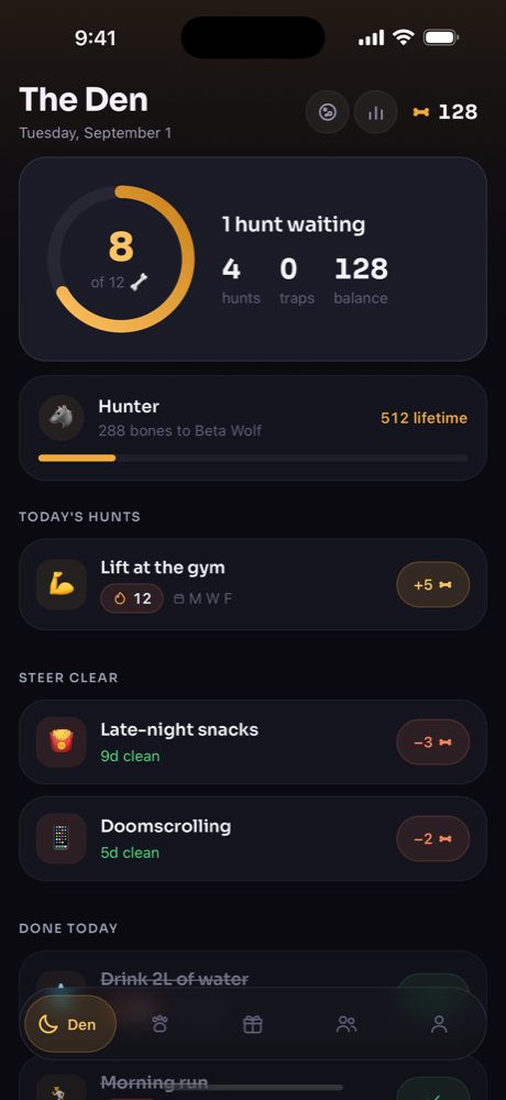 The Den โ Packt's today view with a daily bone goal ring, streaks, and today's hunts